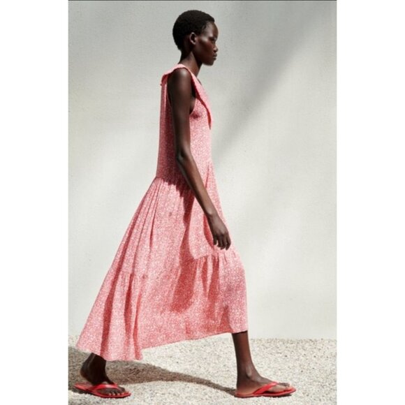 Zara Oversized Floral Print Maxi Dress Peter Pan Collar Tiered Red White Medium - Picture 3 of 15